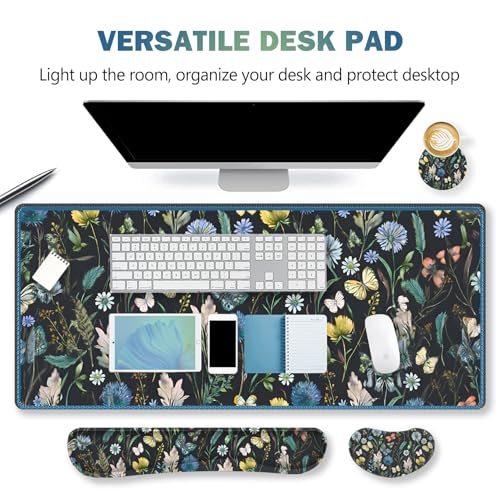 ARTSO Keyboard Mouse Pad Set, Extended Mouse Pad with Keyboard Wrist Rest Support, Memory Foam Ergonomic Desk Pad Set for Home Office, Flower Leaf Butterfly - color: Flower Leaf Butterfly