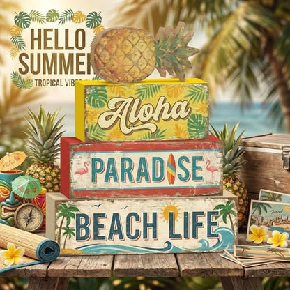 4 Pcs Tropical Pineapple Party Decorations Summer Hawaiian Luau Table Wooden Signs Summer Beach Tiered Tray Decor Fruit Home Bar Shelf Sitter Aloha Paradise Tiki Table Top Gifts - style: Tropical Pineapple