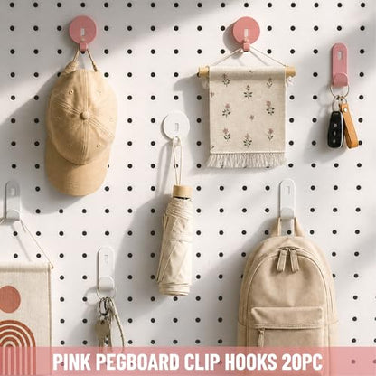 HUHOLE 20PC Pink Pegboard Clip Hooks for Thin Metal 1/4 Inch Pegboard | Picture Hangers with 10 lb Capacity, 10 Round and 10 Angled Peg Hooks for Jewelry, Crafts and Small Accessories - color: Pink
