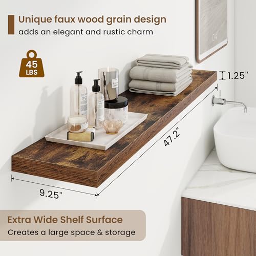 Marsmiles 48in Floating Shelves for Wall, 48" W x 9.25" D x 1.25" H, 2 Pack Long Wall Mounted Engineered Wood Shelves with Invisible Brackets for Living Room, Bedroom, Bathroom, Kitchen, Rustic Brown - color: Rustic Brown With Invisible Metal Brackets, si
