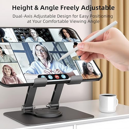 360° Rotatable & Adjustable Metal Tablet Stand for Desk, Foldable & Portable Tablet Holder, Compatible with iPad Pro/Air, iPhone, Universal Use for Office/Movie/Studying/Drawing/Gaming, Black - color: Two-Tone Stand - Black