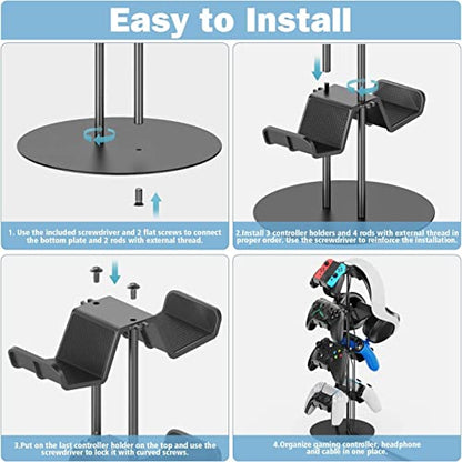 Kytok Controller Stand 4 Tiers with Cable Organizer for Desk, Universal Headphone Stand Compatible with Xbox PS5 PS4 Console Nintendo Switch, Headset Holder & Desk Mounts for 8 Packs Controller - size: 4 tiers+black