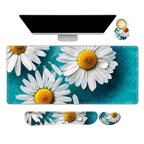 ARTSO Large Gaming Mouse Pad Set, Keyboard Wrist Rest Support + Mouse Wrist Cushion + Extended Mousepad + Coaster, 35x15.5in Multifunctional Desk Mat 4pcs, Cute Daisy - color: Cute Daisy