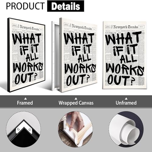 Black Framed Retro Black And White New York Newspaper Canvas Posters What If It All Works Out Wall Art Positive Affirmations Quote Prints Painting For Living Room Bedroom Wall Decor 16x24in - color: Multi 01, size: 16"L x 24"W, style: Black Framed
