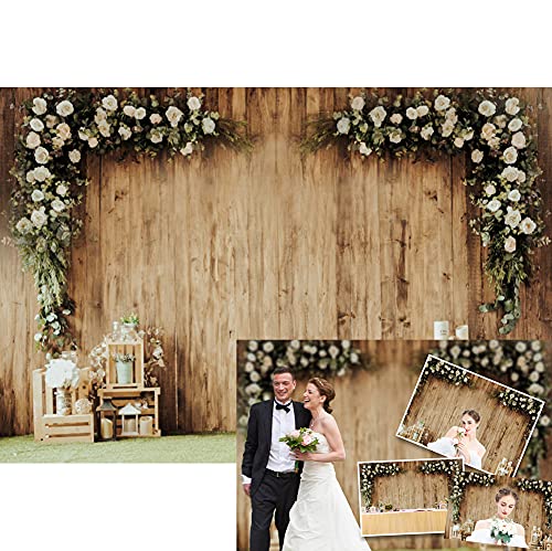 10x8ft Polyester Wedding Backdrop Rustic Floral Flower Wood Wall Backdrop Bridal Shower Reception Ceremony Photography Background Wedding Proposal Party Birthday Party YouTube Photo Prop - size: 10x8ft-Polyester