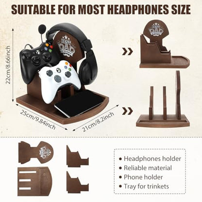 Blosssound Gamer Gifts for New Dad Wood Headphone Stand Wooden Controller and Headset Stand Gifts for Gamer Dad Father Birthday Gift Gaming Desk Accessories for Fathers Day Birthday Anniversary