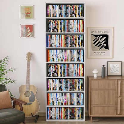 8 Tier DVD Storage Shelf, Wooden DVD Shelf Storage up to 280+ DVD or 1000+ CD, 8 Tier Media Tower for Bedroom, Living Room, 70.9" x 23.6" x 9", White