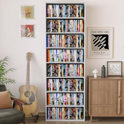 8 Tier DVD Storage Shelf, Wooden DVD Shelf Storage up to 280+ DVD or 1000+ CD, 8 Tier Media Tower for Bedroom, Living Room, 70.9" x 23.6" x 9", White