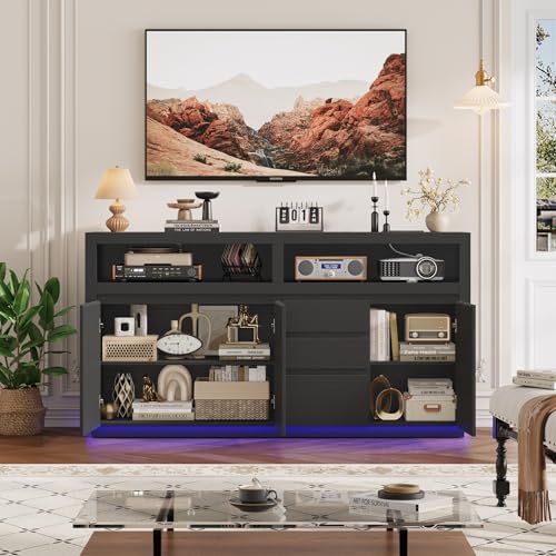 FACBOTALL 63" Modern TV Stand, Large Entertainment Center with Storage Cabinets & Drawers, Media Console Cabinet up to 70 Inch with LED Lights & Power Outlet, TV Consoles for Living Room, Black - color: Black
