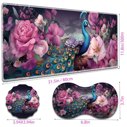 Large Gaming Mouse Pad + Mouse Wrist Rest Pad + Coaster Combination, 31.5 "x 11.8" Durable Non-Slip Extension Table Mat, Suitable for Office and Home, Peacock and Flowers - color: Peacock and Flowers