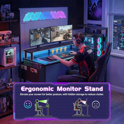 Apicizon 54 Inch Gaming Desk with LED Setup Style, Large Computer Desk with Storage Shelves & Dual Monitor Stand, Reversible Workstation for Small Space, Home Office Desk with Side Pocket - size: 54inch