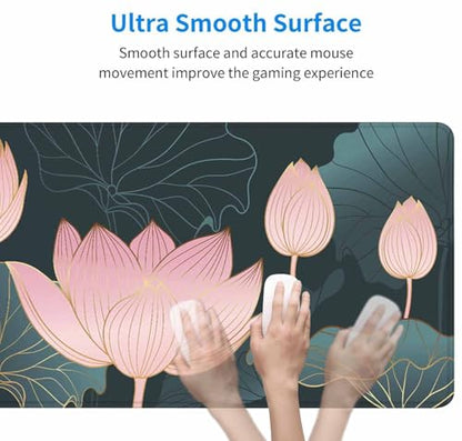 Large Gaming Mouse Pad with Stitched Edges, Lotus Flowers Desk Mat, Extended XL Keyboard Pad, Non-Slip Rubber Base Desk Pad for Keyboard and Mouse, 35.4X15.7 inch - color: Lotus Flowers, size: 35.4L x 15.7W inches