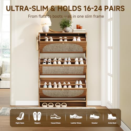 Nicetree Freestanding Ultra Slim Fluted Accent Shoe Storage Cabinet for Entryway - 3 Flip Drawers & 3-Tier Adjustable Shelves, Farmhouse Modern Rustic Shoe Rack for Hallway, Foyer
