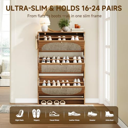 Nicetree Freestanding Ultra Slim Fluted Accent Shoe Storage Cabinet for Entryway - 3 Flip Drawers & 3-Tier Adjustable Shelves, Farmhouse Modern Rustic Shoe Rack for Hallway, Foyer
