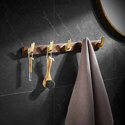 Wall Mounted Coat Rack, Entryway Hanging Coat Rack, Metal Wood Coat Rail with 5 Rustic Hooks Rail for Coat, Scarf, Bag, Towel, Key, Cap, Hat, Walnut Gold Matt - size: 5 Hooks - Curve Shape