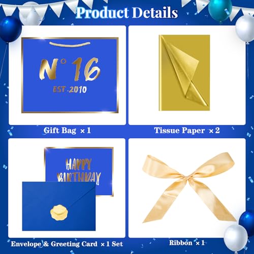 JWSCYSY 16th Blue Birthday Gift Bag with Card, Tissue Paper and Ribbon for Men Boys Birthday Party Favor, Presents Wrapping (12.6" EST 2010) - color: 16TH