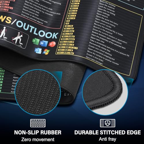 Excel Cheat Sheet Desk Pad, Large Desk Mat with Over 150 Shortcuts | Excel/Word/PowerPoint/Windows/Outlook Mouse pad, Non-Slip and Stitched Edge, 31.5 x 11.8in