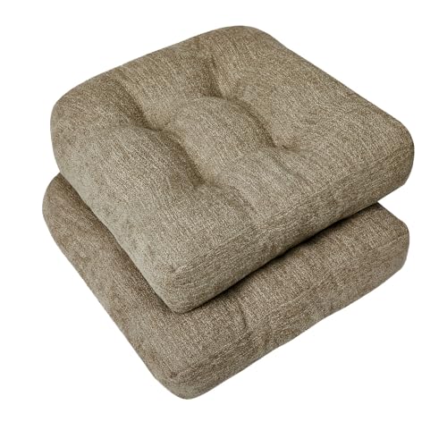 downluxe Chair Cushions for Dining Chairs 2 Pack, Tufted Indoor Chair Pads with Non-Slip Bottom, U-Shaped Kitchen Chair Cushions, 17"x17"x4", Khaki - color: Khaki, size: 17"x17"x4"(2 Pack)