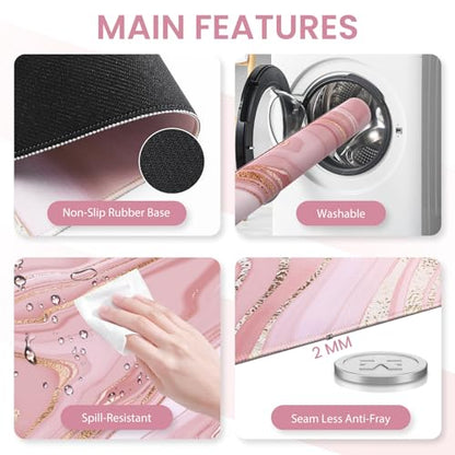 Light Pink Desk Mat Set with Mouse Pad and Memory Foam Wrist Rest, Soft Mat for Mouse and Keyboard, Large Office Desk Mat with Wrist Support, Smooth Surface, Non-Slip Base, 35.4 x 15.7 in - color: Marble Rose Gold Pink Fluid