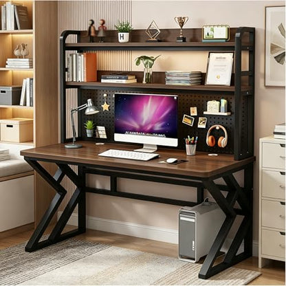 31.4in Gaming Desk with Bookshelf, Pegboard & Storage Shelves (Brown, 31.4in) - color: Brown, size: 31.4in