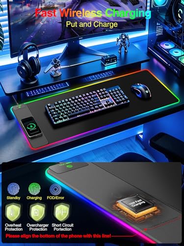 Wireless Charging Mouse Pad Gaming, 31.5"x15.8" Large Desk Mat, Waterproof | RGB Mousepad, Smooth Glide, Stitched Edge, Non-Slip Rubber Base, Desk Pad Computer Keyboard Mat, No Adapter