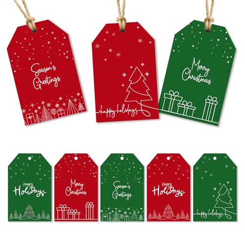 Christmas Gift Tags with String - 80 Red & Green Holiday Tags, 8 Minimal Line-Art Designs - 350gsm Christmas Name Tags for Gifts & Presents - style: Linedrawing