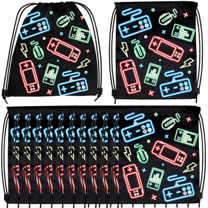 12 Pcs Game Party Supplies Favors Gift Bags Drawstring Backpack for Storage Candy Snacks Treat Goodie Bag for Game Theme Birthday Party School Travel Storage Bag(9.8x11.8Inch)