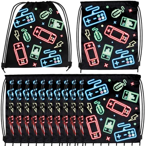 12 Pcs Game Party Supplies Favors Gift Bags Drawstring Backpack for Storage Candy Snacks Treat Goodie Bag for Game Theme Birthday Party School Travel Storage Bag(9.8x11.8Inch)