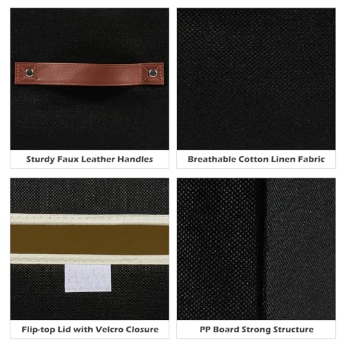 Storage Boxes with Lid Cotton Linen Fabric Storage Bins Organizer Container Decorative Collapsible Washable Shelf Baskets Faux Leather Handles for Home Bedroom Closet (Black, Small Size) - color: Black, size: Small (Set of 1)