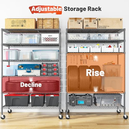 Romorgniz 6-Tier Rolling Storage Shelves, 82" H x 45" W x 18" D Adjustable Wire Shelving Unit with Locking Wheels, Heavy-Duty Metal Rack for Garage, Pantry, Kitchen, Basement – Black - size: 82"H X45"W X18"D-Black