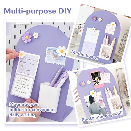 Desk Magnetic Message Board, Metal Bulletin/Memo Board with Magnetic Pen Holder and Flower Pins with Stand, Souvenir/Photo Display Board for Home, Office, Dormitory, Apartment, 8 * 11Inch (White) - color: White