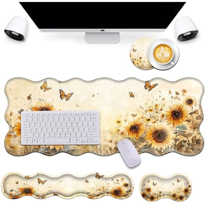 Bxgolkgd Desk Mat Set,Mouse Pad with Keyboard Wrist Rest & Mouse Wrist Rest,Wave-Shaped Design,Non-Slip Rubber Base,Ergonomic Desk Mat for Home,Office,Gaming,Sunflower Butterfly - color: Sunflower Butterfly