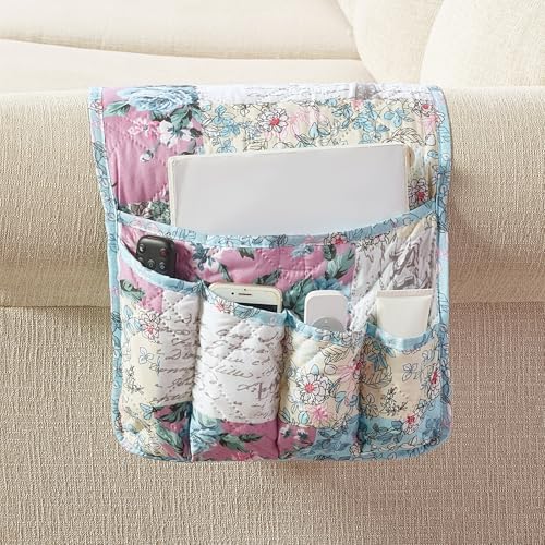 Brilliant Sunshine Patchwork Couch Armrest Organizer, Egg Blue (35"×13") | Non Slip Armchair Caddy for Sofa Recliner, Washable Remote Controls Holder, Storage for Magazine, Phone, iPad - color: Lilac Egg Blue