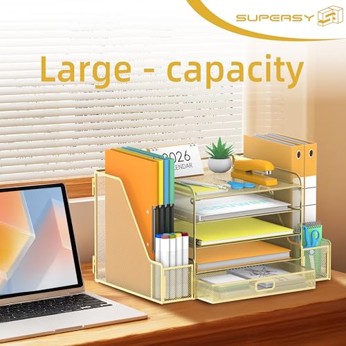 SUPEASY Mesh Desk Organizer with File Holder, 5-Tier Paper Letter Tray Organizer with Magazine Holder, Desktop Organizer and Storage with Drawer for Office Supplies Home or School (Golden) - color: Golden