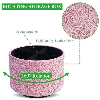 lizimandu Round Leather Art Supply Organizer,Remote Control Holder,360 Degree Spinning,Multi-Functional Pencil Holder,4 Compartments Desktop Stationary Organizer(1-Carved Pink) - color: 1-Carved Pink