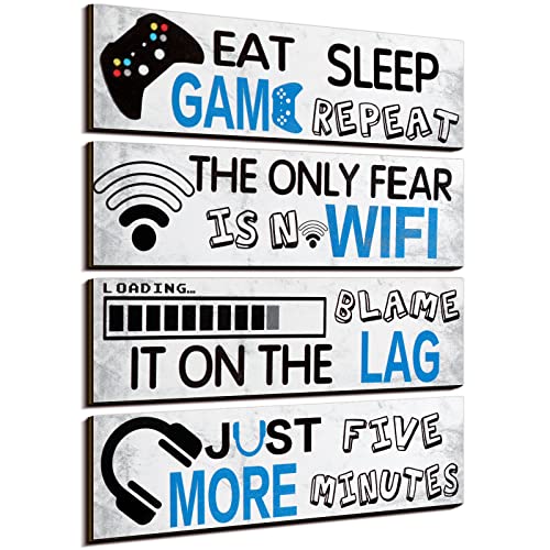 Queekay 4 Pcs Gaming Decor for Teen Boys Room Neon Video Game Posters Wooden Gamer Wall Art Prints for Bedroom Kids Boys Room Playroom Home Decorations Christmas Gift, 8 x 3 Inch(Retro Gray)