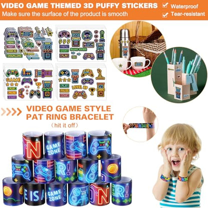 Sayglossy 331 Pcs Video Game Party Favors Set Includes Gift Bags Pencils Notebook Sharpener Slap Bracelets Rings Keychains 3D Puffy Stickers Stamper Gamer Party Favors Birthday (Neon) - style: Neon
