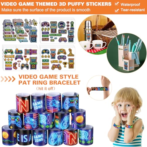 Sayglossy 251 Pcs Video Game Party Favors Set Includes Gift Bags Pencils Notebook Sharpener Slap Bracelets Rings Keychains 3D Puffy Stickers Stamper Gamer Party Favors Birthday (Neon) - style: Neon