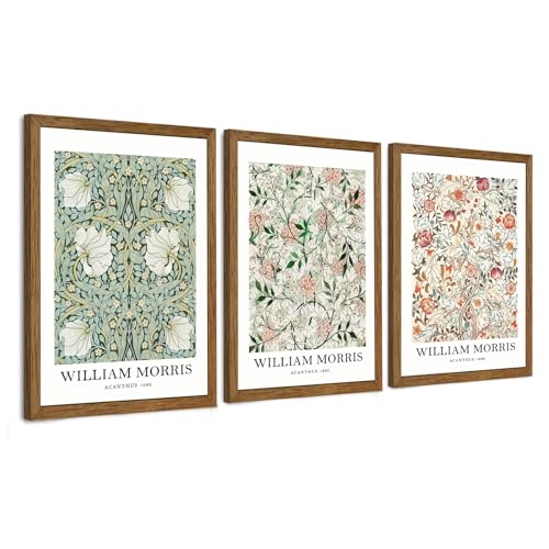 InspiredHues 3 Pieces William Morris Classic Canvas Wall Art, Green Pink and White Floral Design Wall Decor, Vintage Botanical Art Prints for Living Room Office Home Decoration 12x16 inch Wood Framed - color: Morris, size: 16"L x 12"W