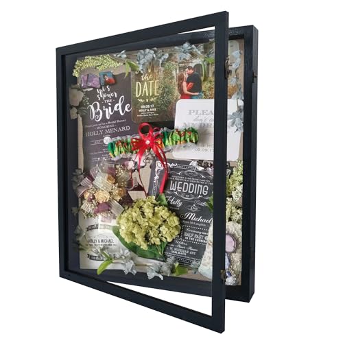 GraduationMall 16x20 Wood Shadow Box Frame Glass Door Display Case with Linen Back and 6 Stick Pins,1.5 inches Interior Depth,Ideal for Memorabilia Pictures Flowers Medals Tickets Rustic Black - color: Rustic Black, size: 16x20