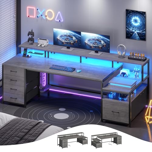 SEDETA 75'' Computer Desk with 5 Drawer, Power Outlet & Led Lights, Home Office Desk with File Drawer, Storage Shelves, Printer Cabinet and Monitor Shelf, 23.6" W Large Desktop Gaming Desk, Grey - color: Grey, size: 75X23.6inch