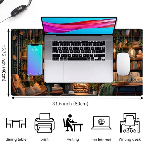 Large Mouse Pad Cozy Library, Extended Full Desk Mouse Mat Gaming Desktop Pad, Computer Keyboard Mat XXL, Vintage Office Decor Desk Laptop Cover Mat Big, Aesthetic Desk Accessories 31.5x15.7 Inch - color: Boho & Fireplace
