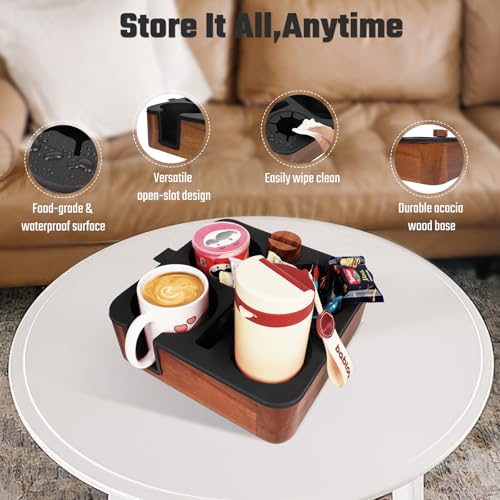 Couch Cup Holder Tray, Real Acacia Wooden Caddy with Soft Silicone, Snack and Drink Organizer- Perfect Movie Night Accessories for Bed, Remote and Cup Holders for Sofa (Black) - color: Black