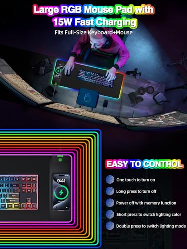 Magnetic Charging Mouse Pad, 31.5x11.81 Inch XL Gaming Mousepad, 11+5 RGB Lighting Modes, Home Office Large Desk Pad with Ultra-Smooth Surface, Non-Slip, Waterproof Keyboard Pad Classic Black Desk Mat - color: 31.5x11.81"-Black Right Upgraded Magnetic