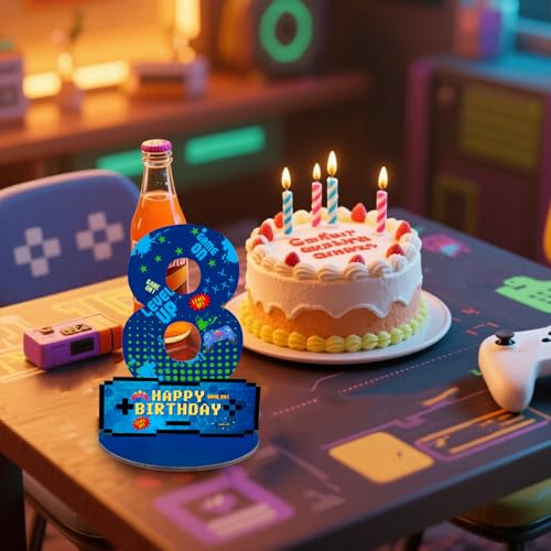 Video Game Birthday Party Decorations, Video Game Birthday Number Sign Centerpiece, 8th Table Topper Wooden Centerpiece for Gaming Theme 8th Birthday Supplies (8th) - style: 8th