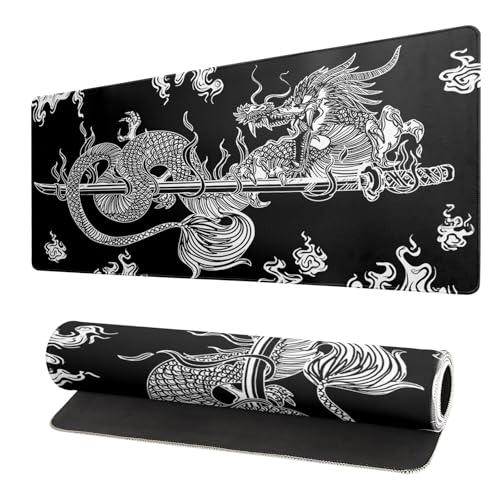 Dragon Gaming Mouse Pad - Black, Large (31.5x11.8 Inch), Non-Slip Base, Stitched Edge for Gaming & Office - color: Dragon