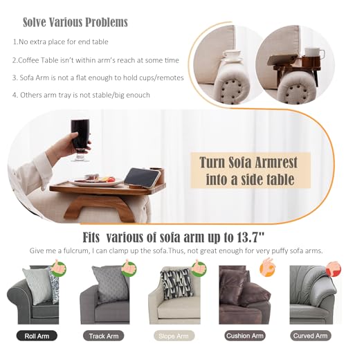 Nnewvante Couch Cup Holder Tray, 3 in 1 Large 15.36"x9.85" Acacia Wood Sofa Arm Clip on Tray Table with 360°Rotated Phone Holder on Armrest - color: Acacia