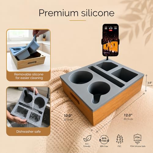 Couch Caddy with Cup Holder | Wood Couch Cup Holder Tray for Drinks, Snacks & Remotes | Sofa Couch Organizer with Phone & Cup Holder Tray (Grey) - color: Grey