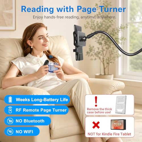 Kefotic Gooseneck Tablet Holder for Kindle Reading in Bed with Page Turner Remote, Hands Free Desk Bedside Lazy Arm Stand for Kindle Accessories, Gifts for Readers