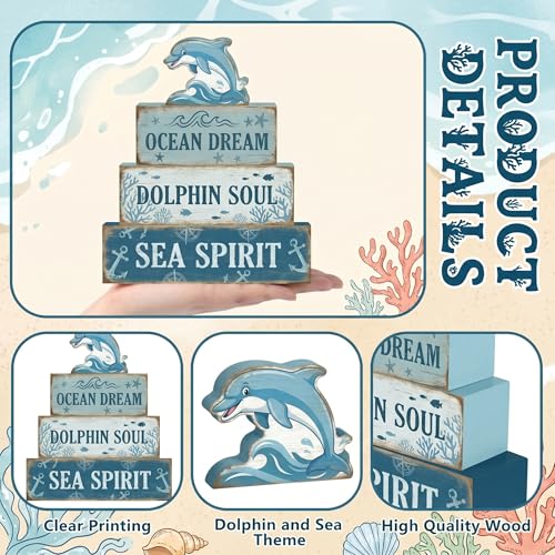 4 Pcs Dolphin Ocean Bathroom Table Decor Summer Dolphin Tiered Tray Decor Blue Nautical Wooden Signs Tabletop Summer Beach Bedroom Home Kitchen Office Decorations Shelf Sitter - style: Dolphin